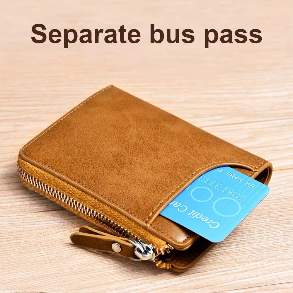 Men’s RFID Blocking Wallet with Zipper Multi Credit Card Holder Khaki + Brown + Black