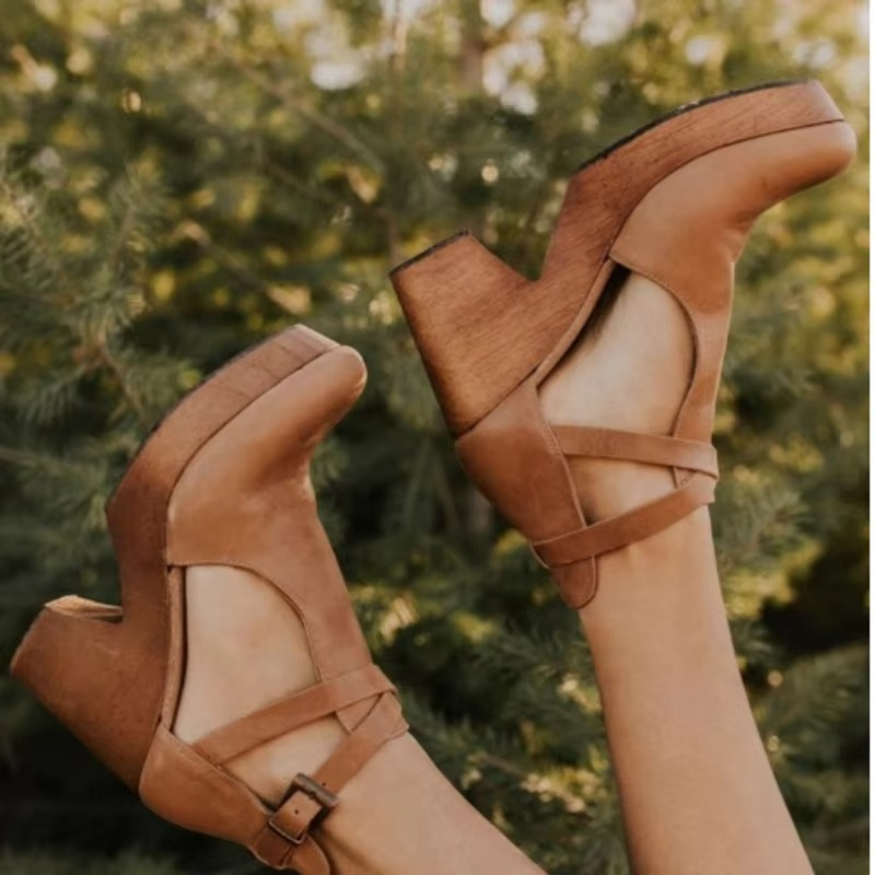 Brown Chunky Platform Mary Jane Heels with Buckle Strap