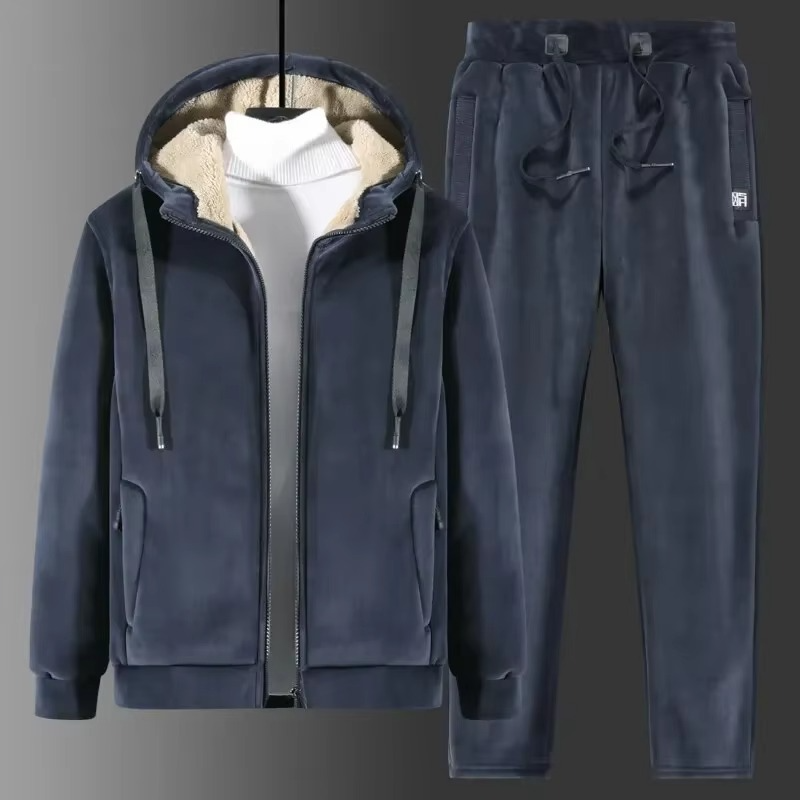 Men's Cashmere Fleece Tracksuit Set – Thick Hooded Jacket and Pants for Winter Warmth