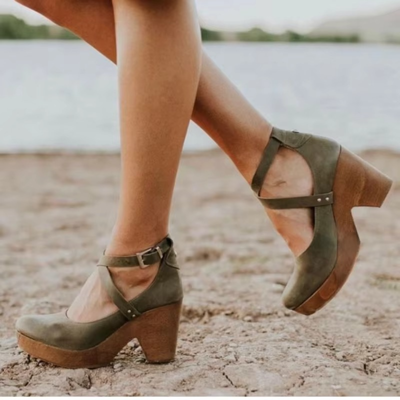 Brown Chunky Platform Mary Jane Heels with Buckle Strap