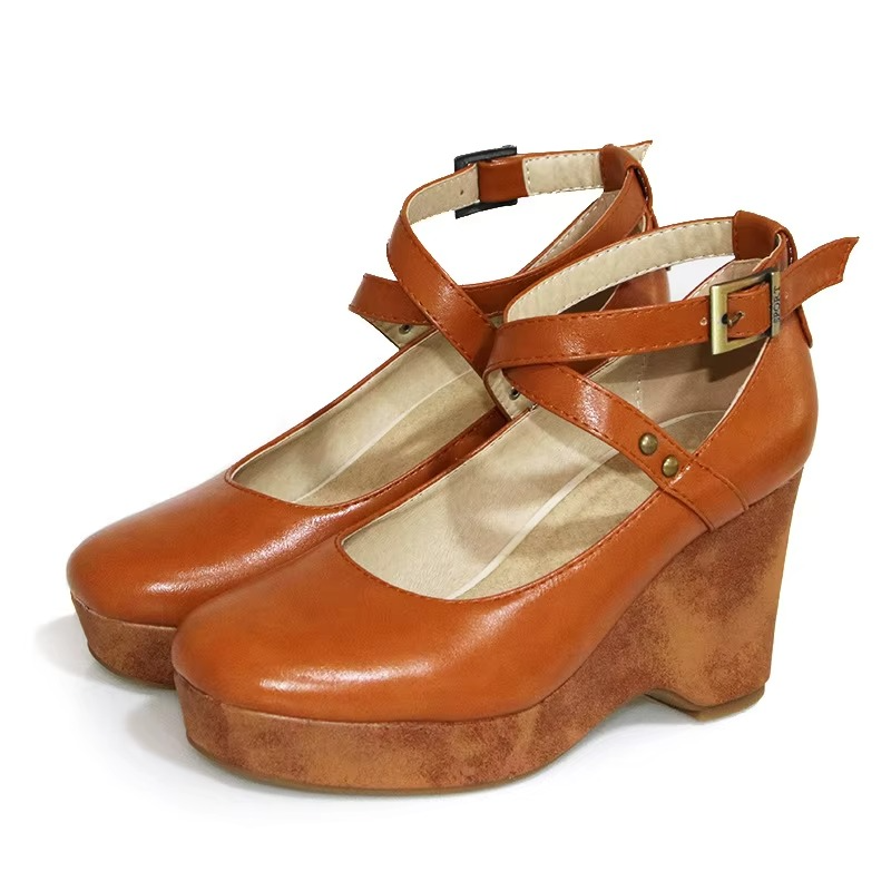 Brown Chunky Platform Mary Jane Heels with Buckle Strap