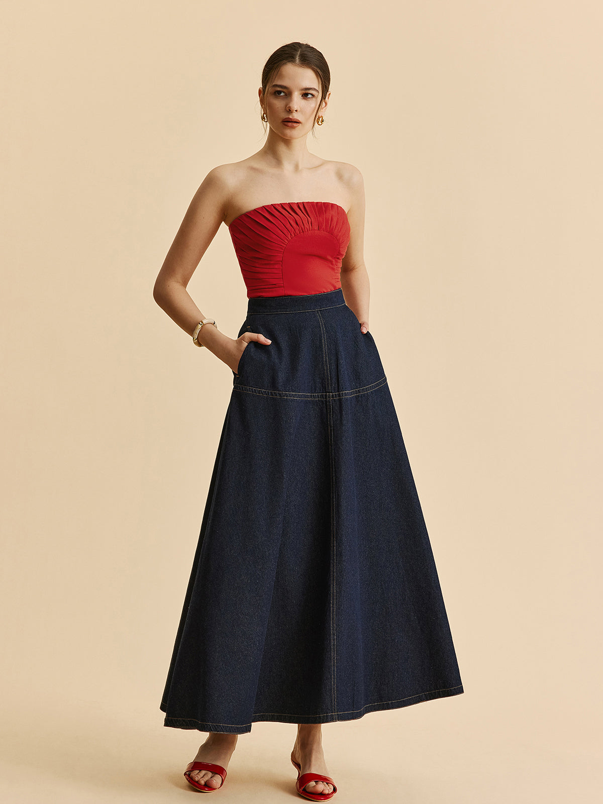 A-Line Denim Skirt With Side Pockets