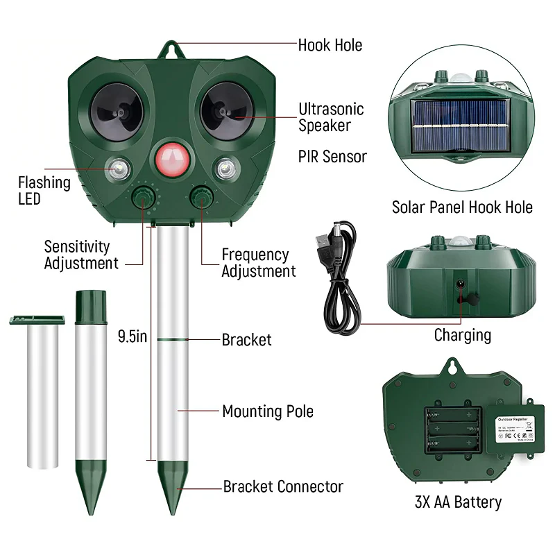 Ultrasonic Bird Repeller, Solar Powered Repeller for Birds