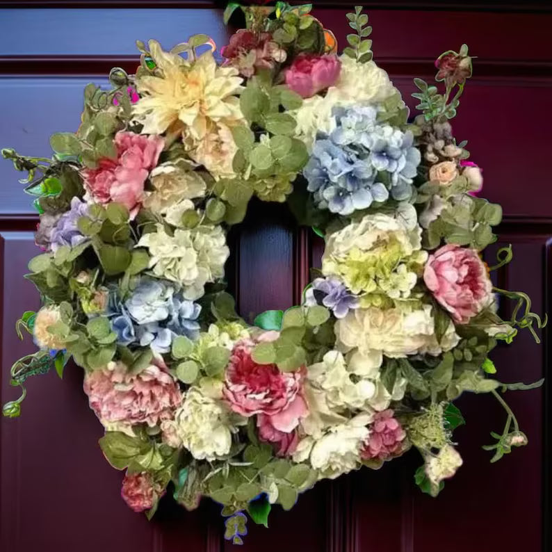 Artificial Hydrangea Wreath with Vibrant Rainbow Design for Door
