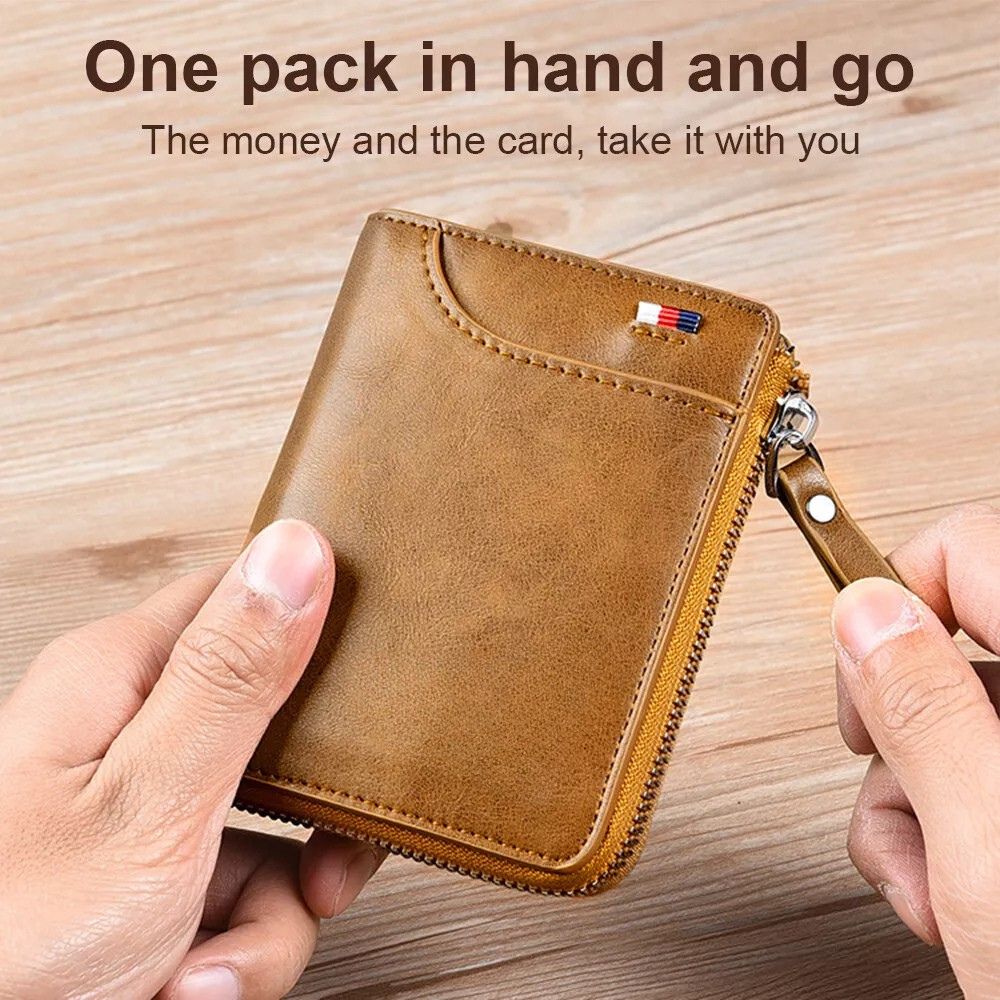 Men’s RFID Blocking Wallet with Zipper Multi Credit Card Holder Khaki + Brown + Black