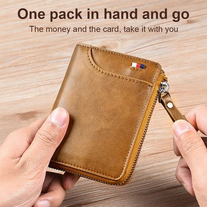 Men’s RFID Blocking Wallet with Zipper Multi Credit Card Holder Khaki + Brown + Black