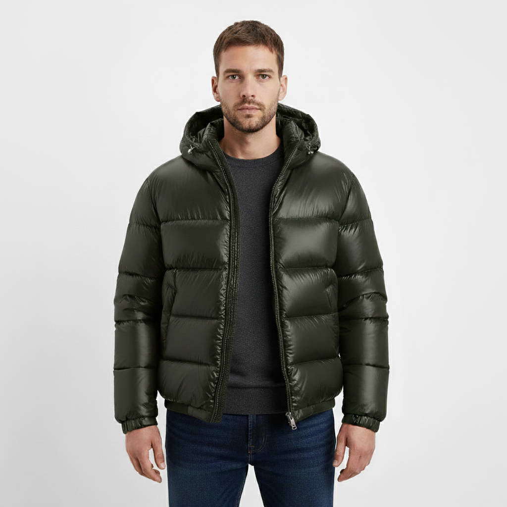 Mens Glossy Puffer Jacket with Hood