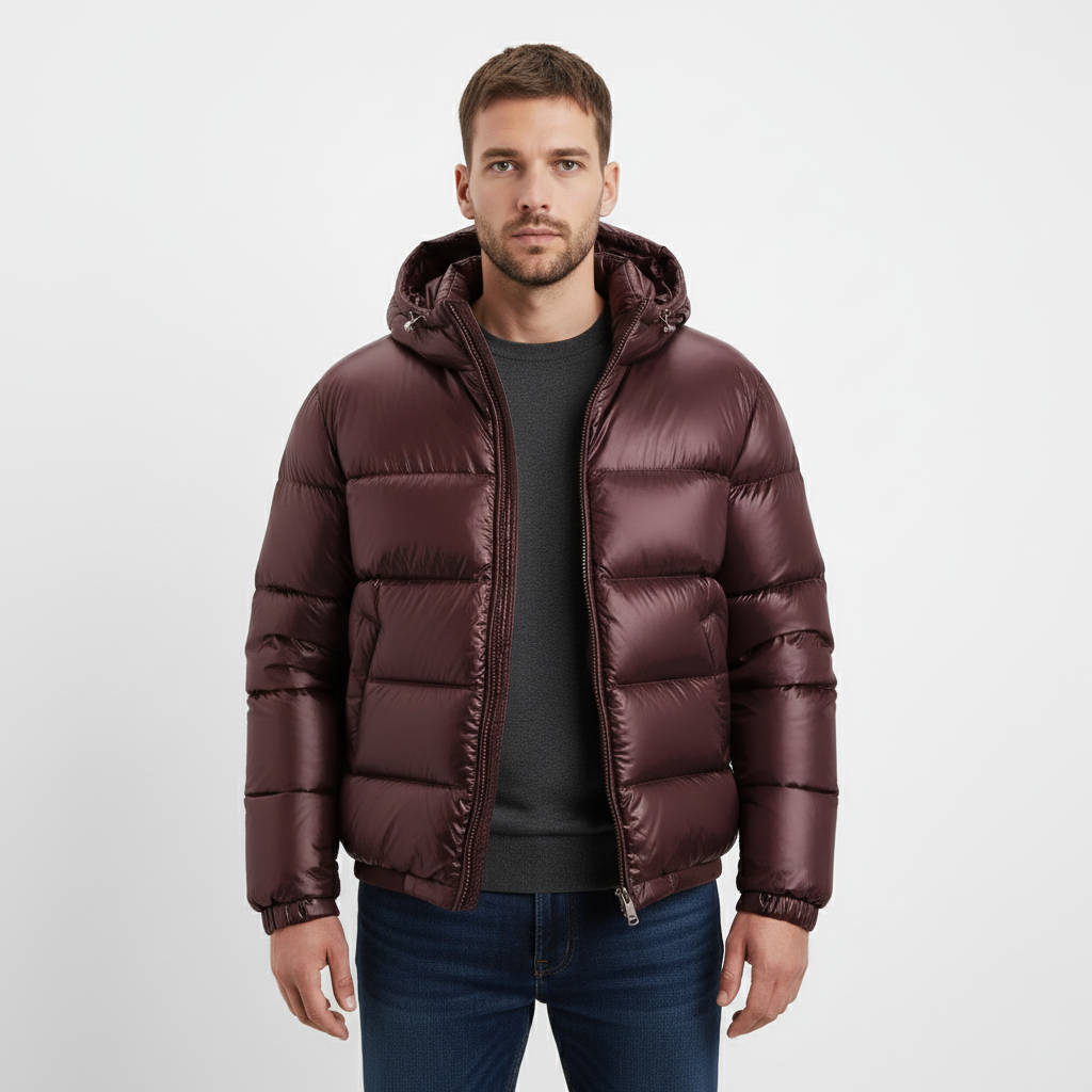 Mens Glossy Puffer Jacket with Hood