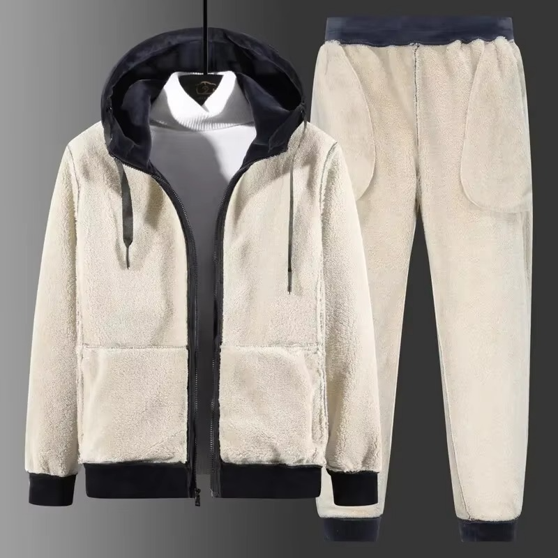 Men's Cashmere Fleece Tracksuit Set – Thick Hooded Jacket and Pants for Winter Warmth