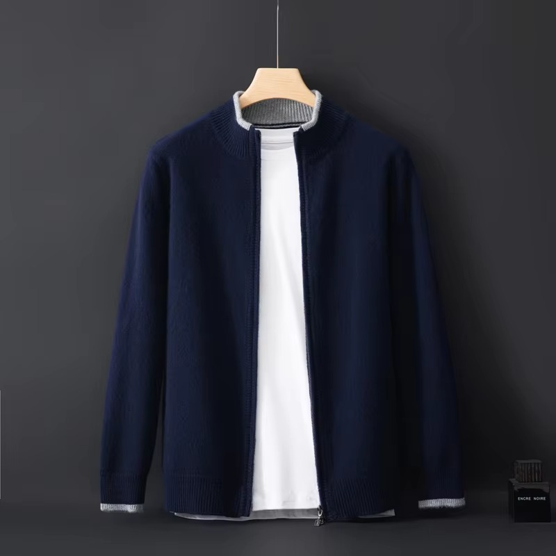 Men’s Pure Cashmere Zip Cardigan Sweater – Loose Fit Casual Knit Jacket