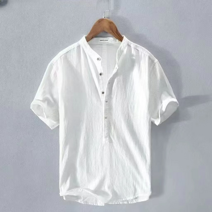Men's Cotton Linen Short Sleeve Shirt, Solid Color, Casual Summer Beach Style, Turn-Down Collar, Sizes M–5XL