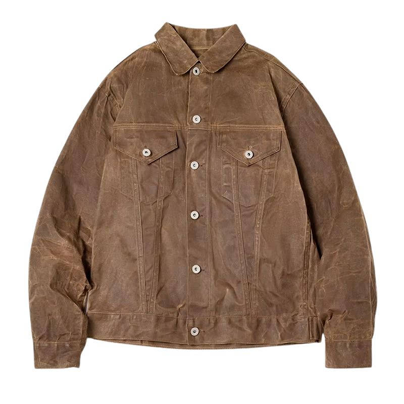 Men's Vintage Brown Waxed Cotton Jacket With Front Flap Pockets