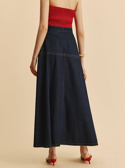A-Line Denim Skirt With Side Pockets