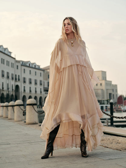 Chiffon Layered Dress With Cloak