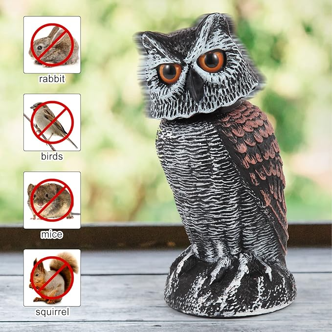 Realistic 2-Pack Owl Decoy with Rotating Head Outdoor Bird and Pest Repellent