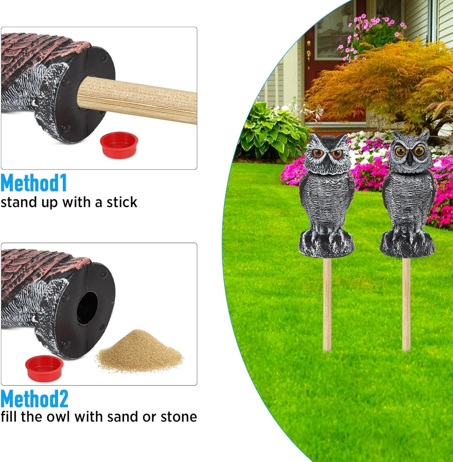 Realistic 2-Pack Owl Decoy with Rotating Head Outdoor Bird and Pest Repellent