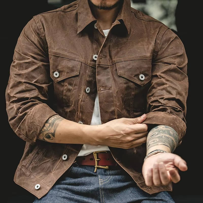 Men's Vintage Brown Waxed Cotton Jacket With Front Flap Pockets