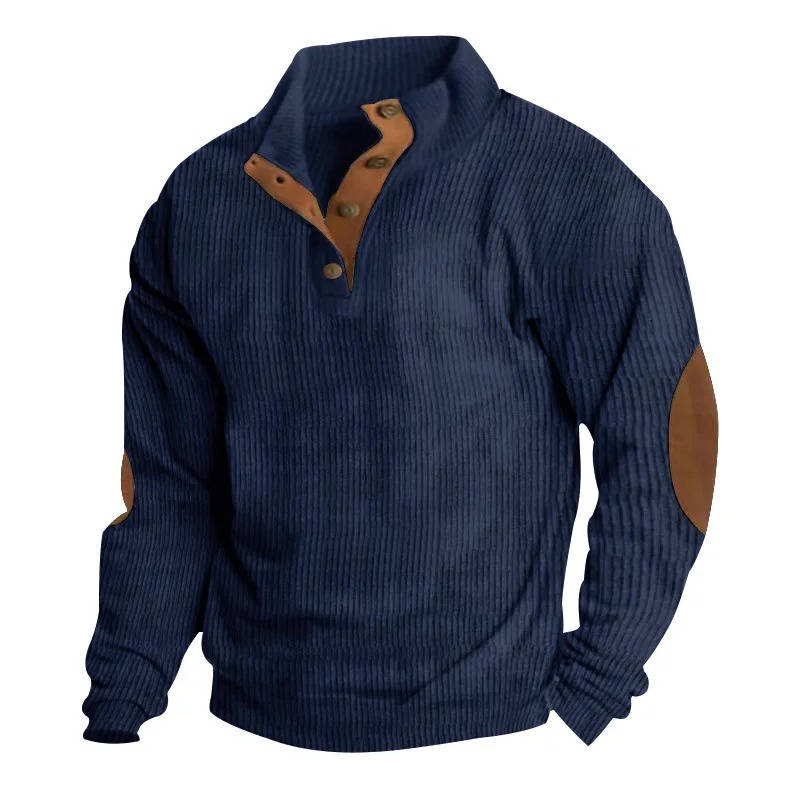 Mens Classic Button Neck Pullover Sweater With Elbow Patches