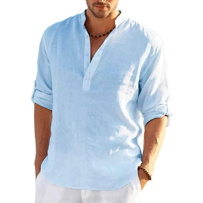 Men's Linen Henley Shirt With Rolled Sleeves