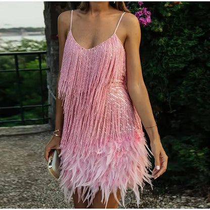 White Fringe Cocktail Dress With Feather Hem