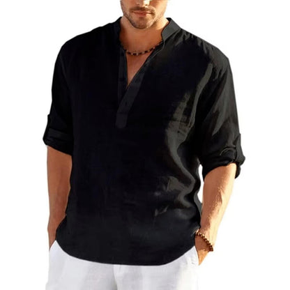 Men's Linen Henley Shirt With Rolled Sleeves