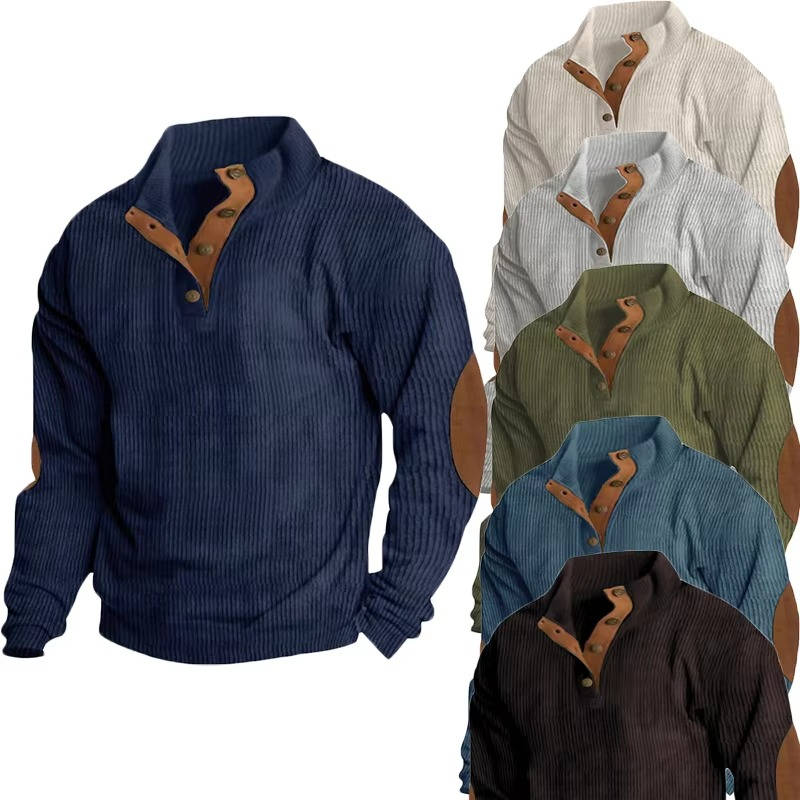 Mens Classic Button Neck Pullover Sweater With Elbow Patches
