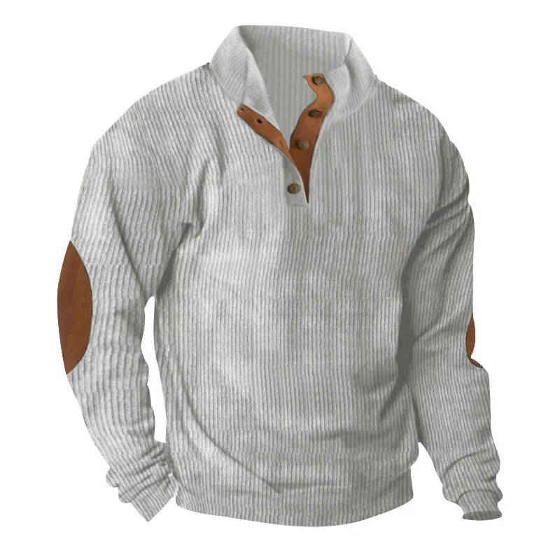Mens Classic Button Neck Pullover Sweater With Elbow Patches