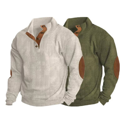 Mens Classic Button Neck Pullover Sweater With Elbow Patches