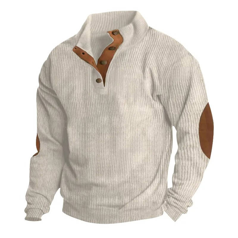 Mens Classic Button Neck Pullover Sweater With Elbow Patches
