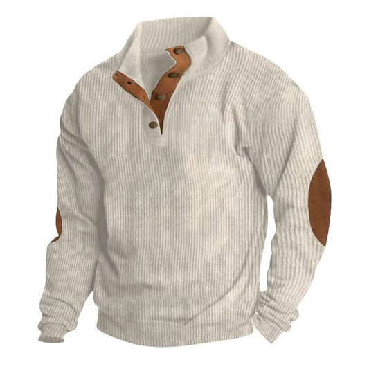 Mens Classic Button Neck Pullover Sweater With Elbow Patches