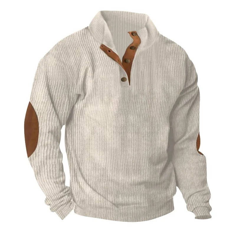 Mens Classic Button Neck Pullover Sweater With Elbow Patches