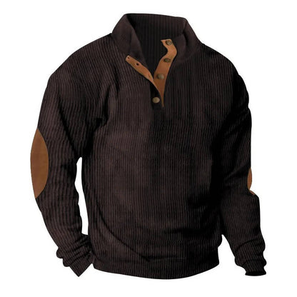 Mens Classic Button Neck Pullover Sweater With Elbow Patches