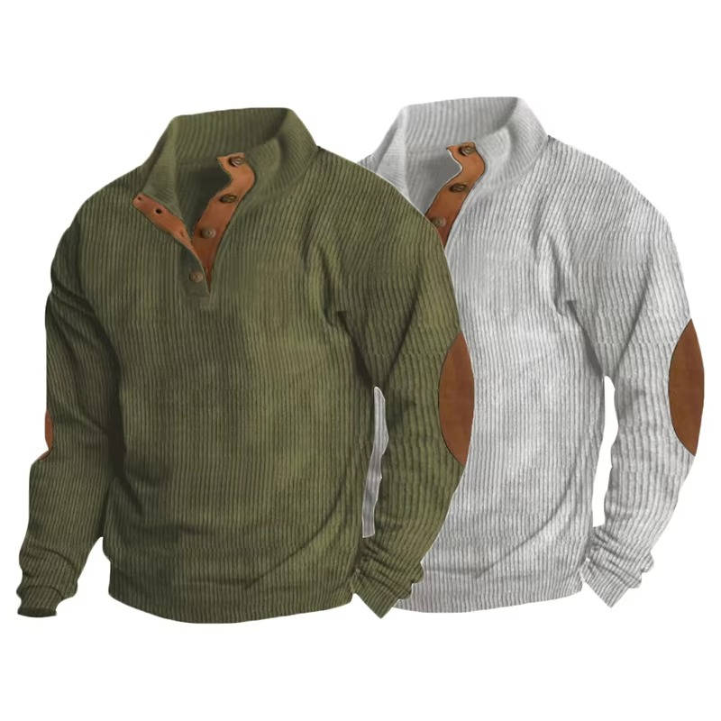 Mens Classic Button Neck Pullover Sweater With Elbow Patches