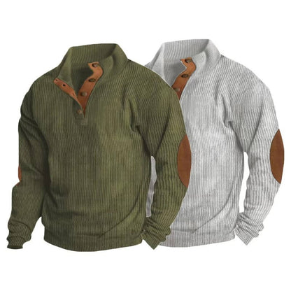 Mens Classic Button Neck Pullover Sweater With Elbow Patches