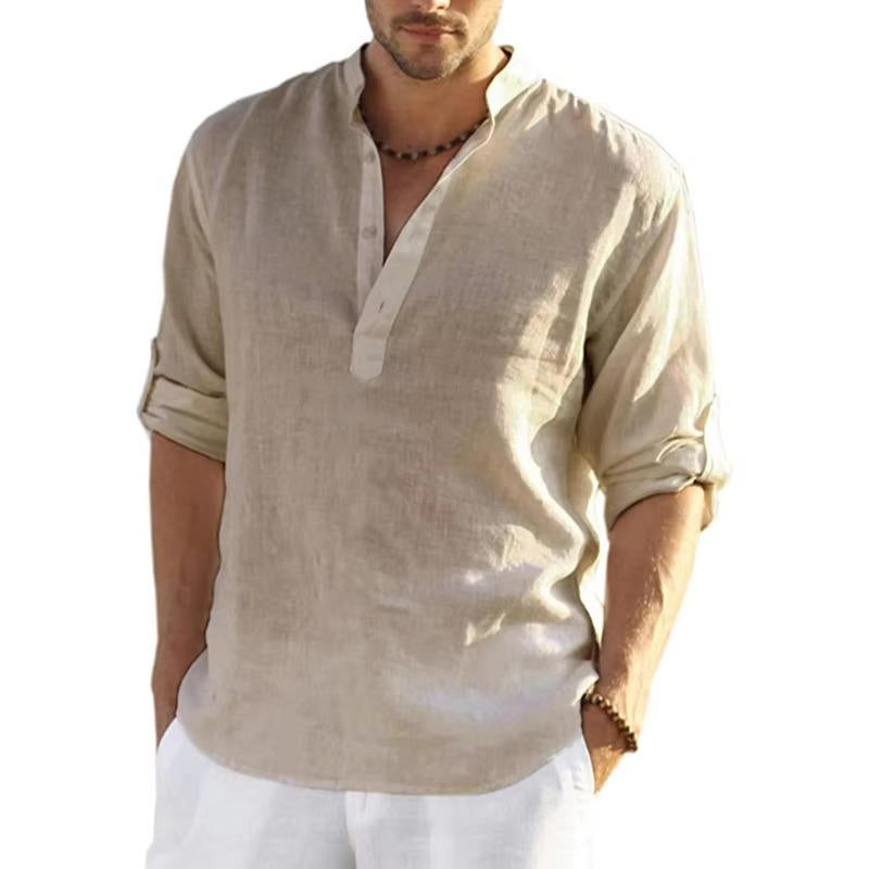 Men's Linen Henley Shirt With Rolled Sleeves