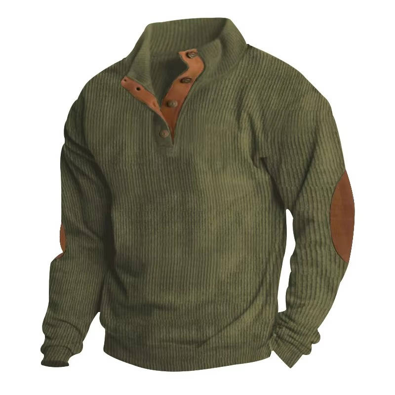 Mens Classic Button Neck Pullover Sweater With Elbow Patches