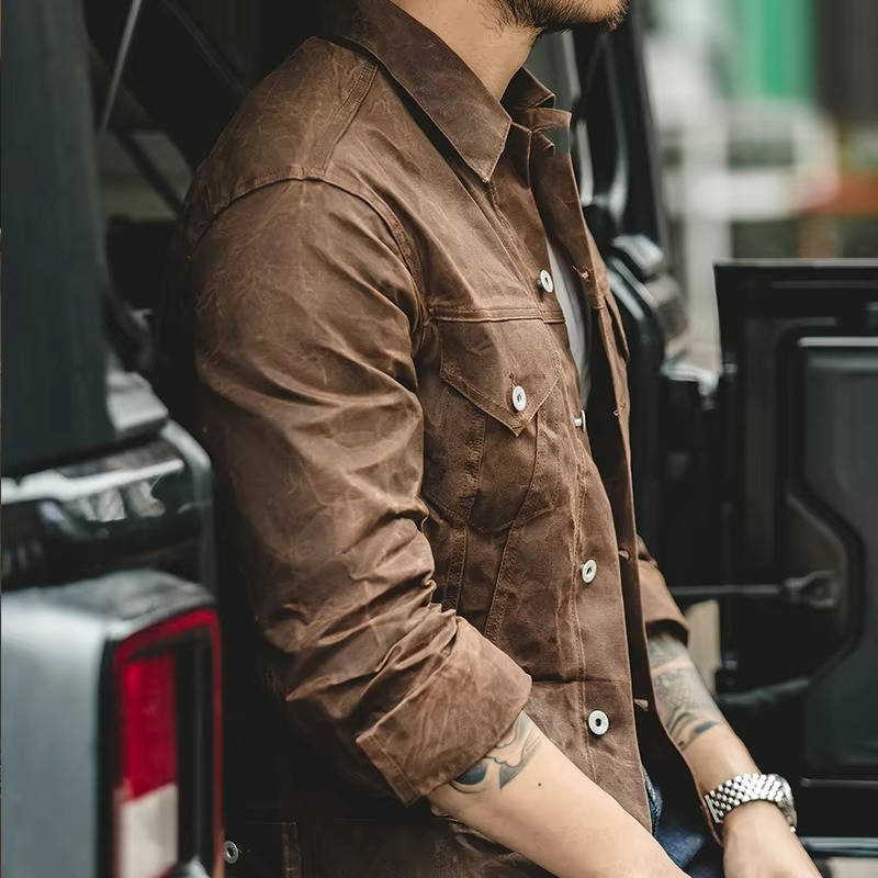 Men's Vintage Brown Waxed Cotton Jacket With Front Flap Pockets