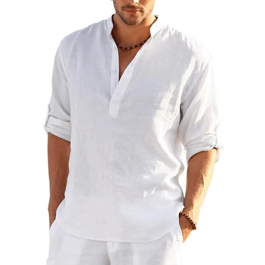 Men's Linen Henley Shirt With Rolled Sleeves