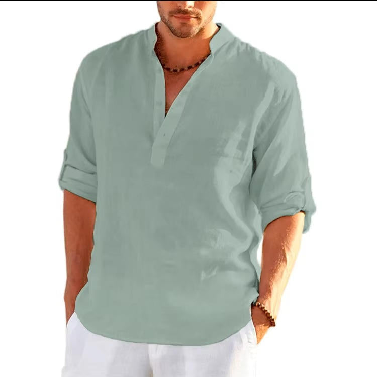 Men's Linen Henley Shirt With Rolled Sleeves