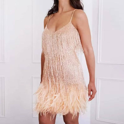 White Fringe Cocktail Dress With Feather Hem