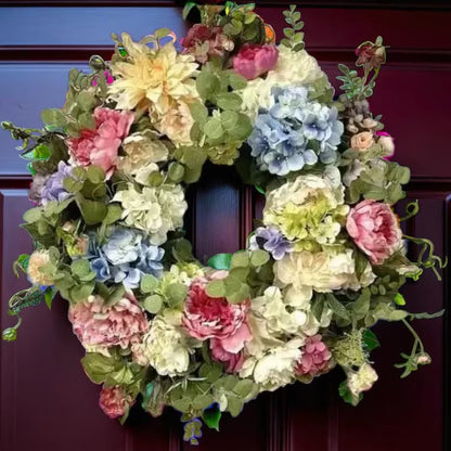 Artificial Hydrangea Wreath with Vibrant Rainbow Design for Door