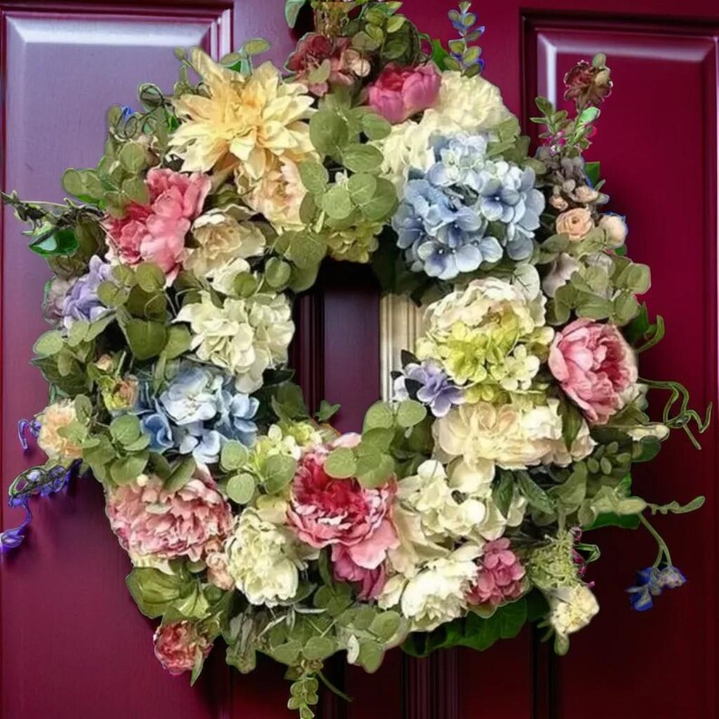 Artificial Hydrangea Wreath with Vibrant Rainbow Design for Door