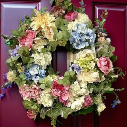 Artificial Hydrangea Wreath with Vibrant Rainbow Design for Door