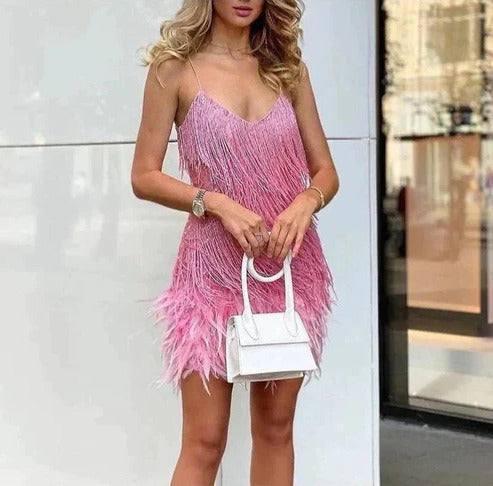 Short Dress with Feather Accents