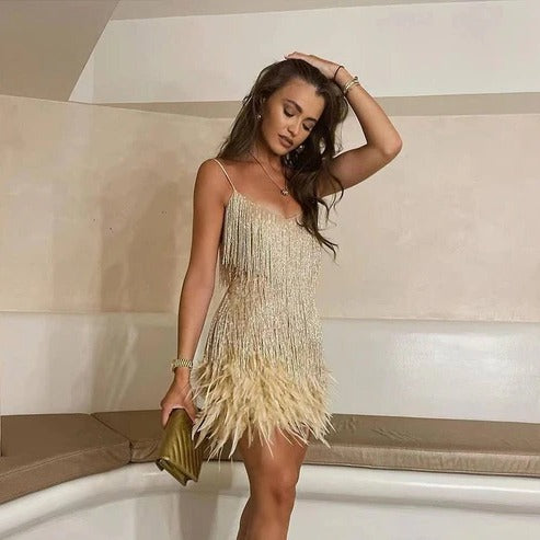 Short Dress with Feather Accents