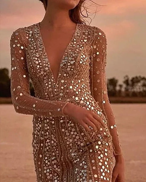 Sequin Dress with V-Neck and Sheer Sleeves