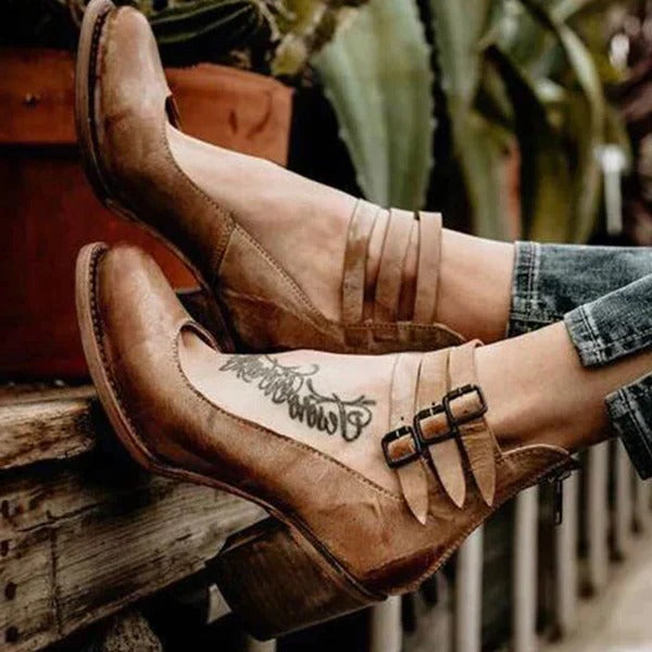 Women's Block Heel Ankle Shoes with Back Zipper