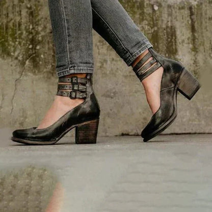 Women's Block Heel Ankle Shoes with Back Zipper