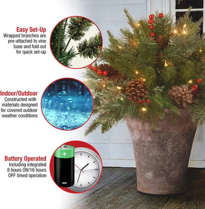 Pre-Lit LED Evergreen Urn Filler – Festive Holiday Decoration