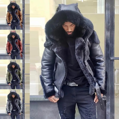 Sheepskin Leather Jacket | Man Winter Fur Hood Coat Motorcycle Jackets